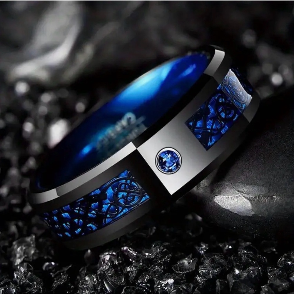 Tungsten Titanium Carbide 8 mm Blue Black Dragon with Blue CZ Gem Ring Band - Picture 2 of 13